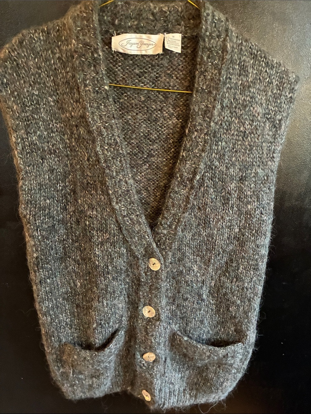 Vintage Wool Blend Gray Button-Front Knit Cardigan Vest mother-of-pearl buttons